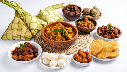 Traditional Indonesian food spread with ketupat and various dishes