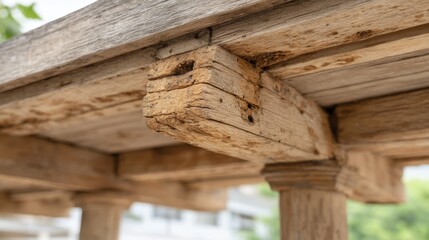 Fototapeta premium Inspection of Wooden Structure Under Natural Light Reveals Termite Damage with a Focus on Wooden Beams and Columns for Structural Integrity Assessment