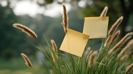 Two yellow sticky notes attached to tall grass stalks swaying gently in the sunlight outdoors