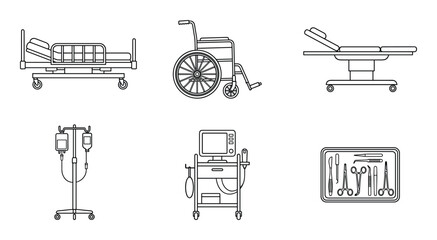 Medical equipment line art featuring a hospital bed, wheelchair, surgical table, IV drip, monitor, and surgical tools.