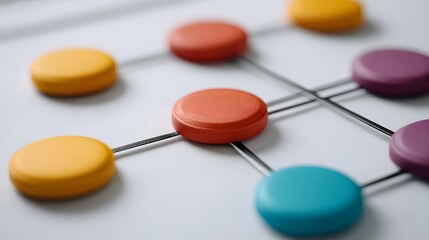 Abstract network of colorful circular nodes connected by thin rods on a white surface