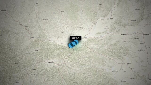 Animated Map Route from Xi'An to Chengdu China on World Map