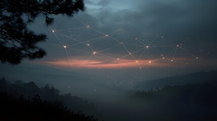 Abstract glowing network of connections illuminates a foggy valley at twilight with subtle lights of a distant city visible