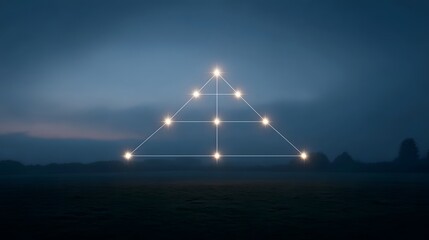 Geometric triangle network of glowing lights in a foggy twilight landscape