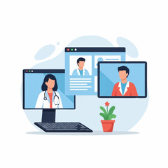 Online medical consultation and telehealth services via computer screens.