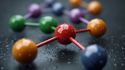 Abstract molecular network with colorful spheres and water droplets on a dark surface