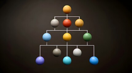 Abstract hierarchical diagram illustrating growth and organization with colorful spheres and connecting lines against a dark background