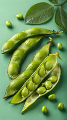 Fresh Edamame Pods and Beans on Green Surface &ndash; Healthy Plant-Based Ingredient with Natural Texture