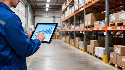 Warehouse worker using tablet for inventory