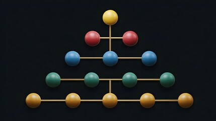 A colorful abstract network diagram with connected nodes arranged in hierarchical levels against a dark background