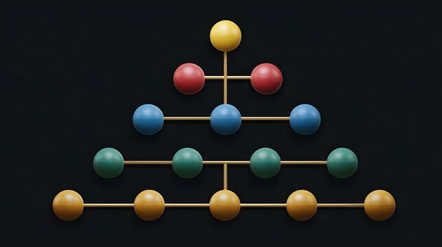 A colorful abstract network diagram with connected nodes arranged in hierarchical levels against a dark background - Powered by Adobe