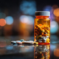 Prescription opioids, with bottle of many pills on the mirror light table. Concept of addiction, opioid crisis, overdose and medicine shopping. High quality image
