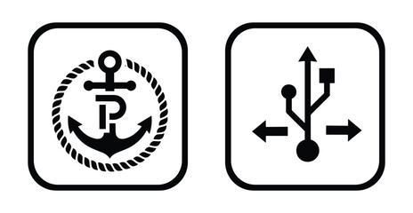 Nautical anchor in rope circle and USB connection symbols in black and white vector icons. ©  MVectors