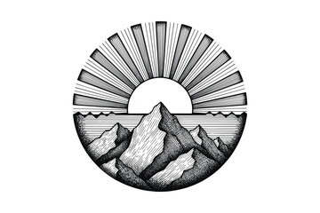 Mountains and a rising sun drawn with radial lines in black ink. Vector design illustration for logo, icon, print.