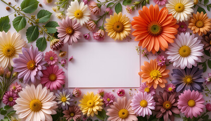 Obraz premium A vibrant floral arrangement with colorful flowers and a blank white card for a special message