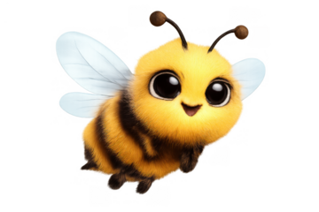 Happy cartoon bee flying, cute furry bumblebee character with big eyes, transparent background