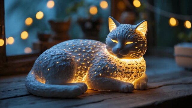 Elegant white ceramic lamp in the shape of a cat glowing with warm golden light through delicate perforated patterns sitting on a wooden surface with a soft bokeh background