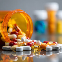 Prescription opioids, with bottle of many pills on the mirror light table. Concept of addiction, opioid crisis, overdose and medicine shopping. High qualind. Illustrates health, wellness and medicine.