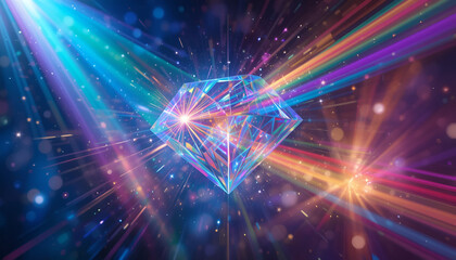 Fototapeta premium A vibrant diamond radiates colorful light beams in a dark space