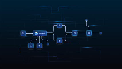 AI workflow automation artificial intelligence. ai agent network diagram connecting node input, processing step, ai model and automation system.