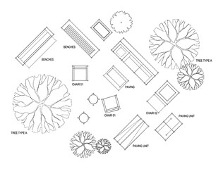 Overhead plan view with benches, chairs, trees and paving units. Landscape architectural design elements.