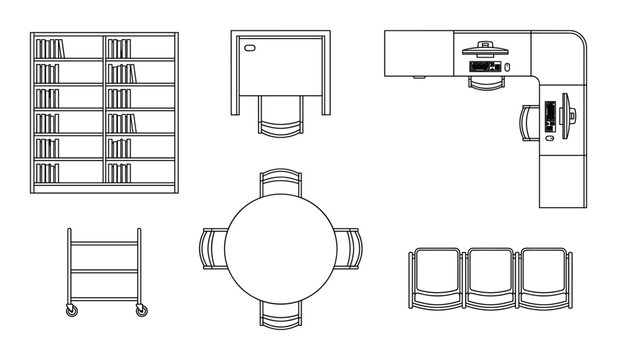 Overhead layout plan featuring office furniture: bookshelf, computer desks, office chairs, cart, and waiting area seating.