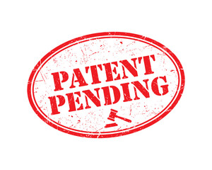 Patent pending stamp in red. Oval shape with grunge, showing gavel icon. Protection of rights is pending.