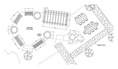 Patio plan shows the layout of benches, tables, patio area, and landscaping on the blueprint. ©  MVectors