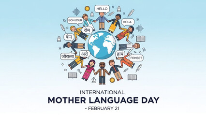 International mother language day illustration with diverse people around the globe speaking various languages with diversity and culture and communication