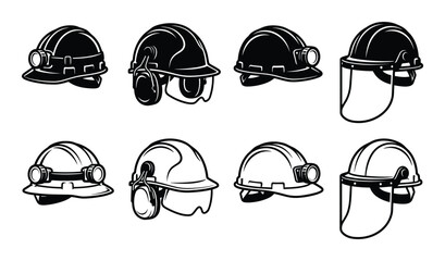 Fototapeta premium Protective mining helmets vector set. Safety headgear with mounted light, earmuffs, and face shield illustrations.