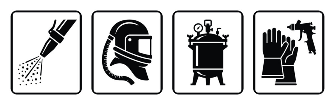 Protective gear vector icons for sandblasting, safety helmet, gloves, spray gun, and pressure pot.