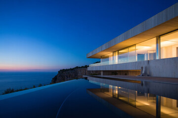 Modern cliffside villa with infinity pool overlooking serene ocean at dusk