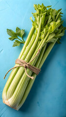 Fresh Celery Stalks Tied with Twine on Blue Surface &ndash; Healthy Ingredient with Leafy Tops and Natural Texture