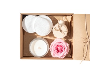 Self-care kit, candle, rose, pads in box, bright light