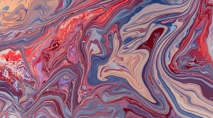 Macro photograph showcasing mixed colorful liquids creating flowing marble patterns in red, blue, and beige tones, ideal for design, art projects, or creative visual concepts.
