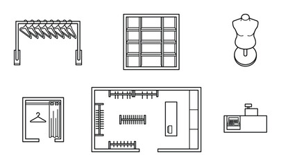 Retail store floor plan design with clothes racks, checkout counter, shelves and a dressing room vector illustration.
