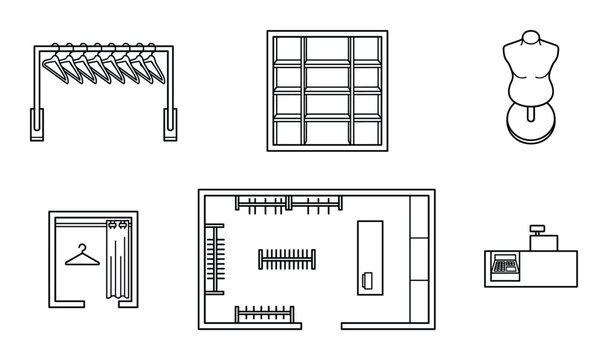 Retail store floor plan design with clothes racks, checkout counter, shelves and a dressing room vector illustration.