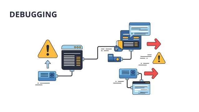 Visual representation of IT debugging process, detailing how system errors are identified and resolved in complex technology environments, ensuring software functionality