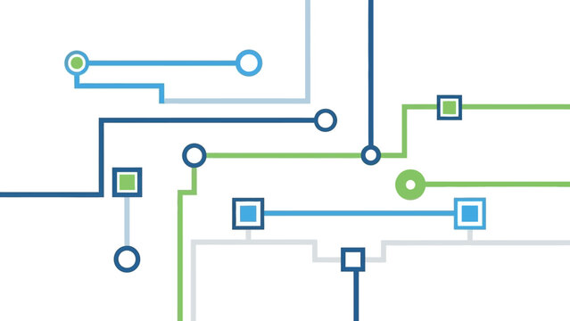 Abstract technological connection network diagram with blue and green lines and circles symbolizing data flow and connectivity in it systems