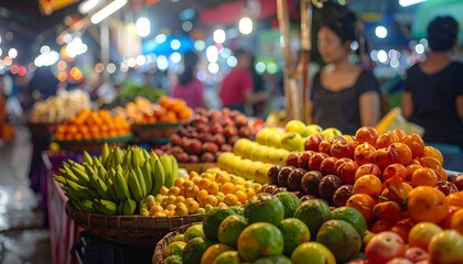 Vibrant Fresh Fruits Displayed at Outdoor Market Stall.