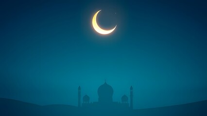 Obraz premium Crescent Moon over a Distant Mosque at Night with Blue Hues.