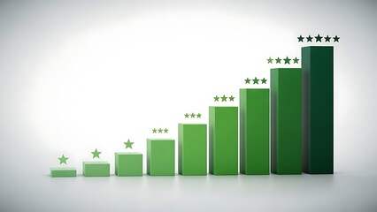 A green bar chart with ascending bars and stars on top representing growth and success