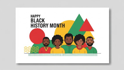 Diverse group of people celebrating black history month with colorful geometric shapes in the background with diversity and inclusion and equality