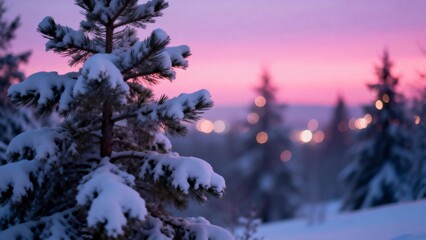 Snow covered pine trees at dusk