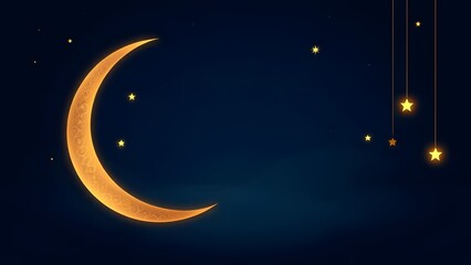 Naklejka premium Golden Crescent Moon and Twinkling Stars in a Dark Blue Night Sky.