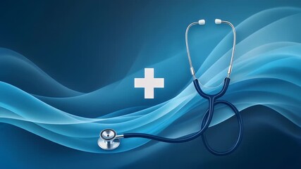Medical health care cross symbol and stethoscope on abstract blue wavy background - Powered by Adobe