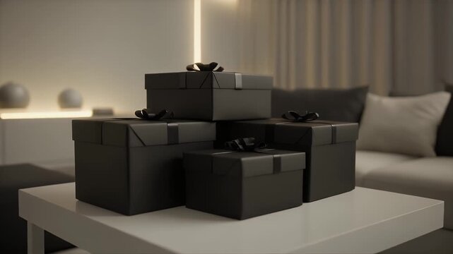 Elegant Christmas Presents Displayed on White Table in Modern Living Room Setting