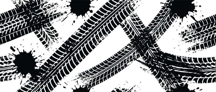 Seamless pattern design with black tire tracks and ink splatters on a white background.