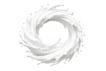 Milk splash forming a swirling circular vortex with liquid drops, motion and dynamic flow on transparent background