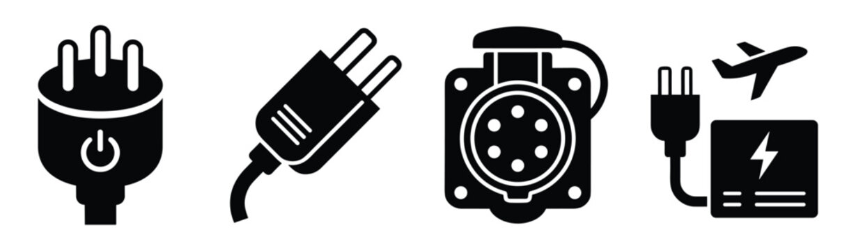 Set of black and white vector icons depicting electrical plugs, sockets and aviation power plug, connectors.